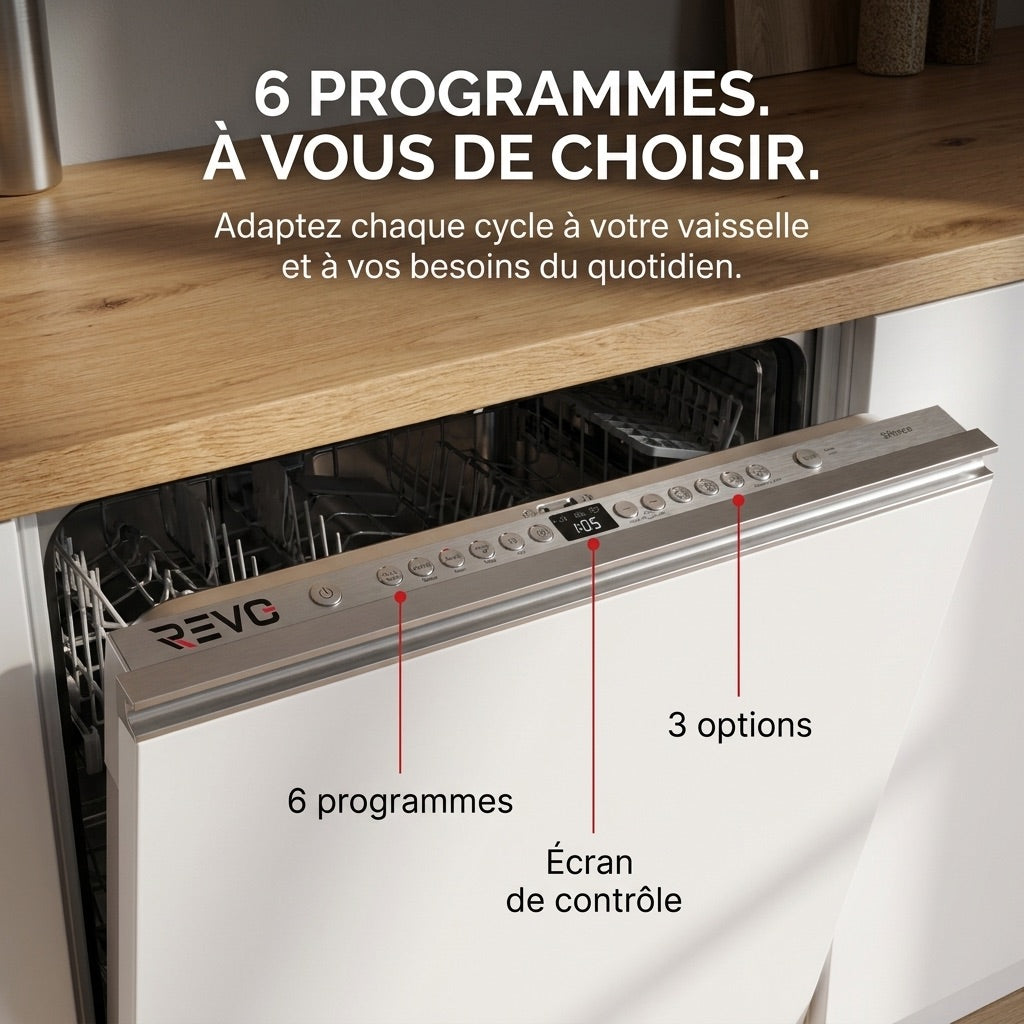 Lave-Vaisselle Tout Intégrable REVO Integra 60 – 60 cm – 6 Programmes – 3 Options – 48 dB – Panier Réglable 3 Hauteurs