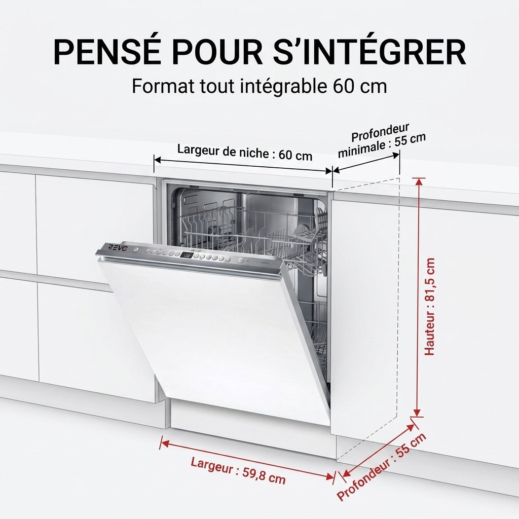 Lave-Vaisselle Tout Intégrable REVO Integra 60 – 60 cm – 6 Programmes – 3 Options – 48 dB – Panier Réglable 3 Hauteurs