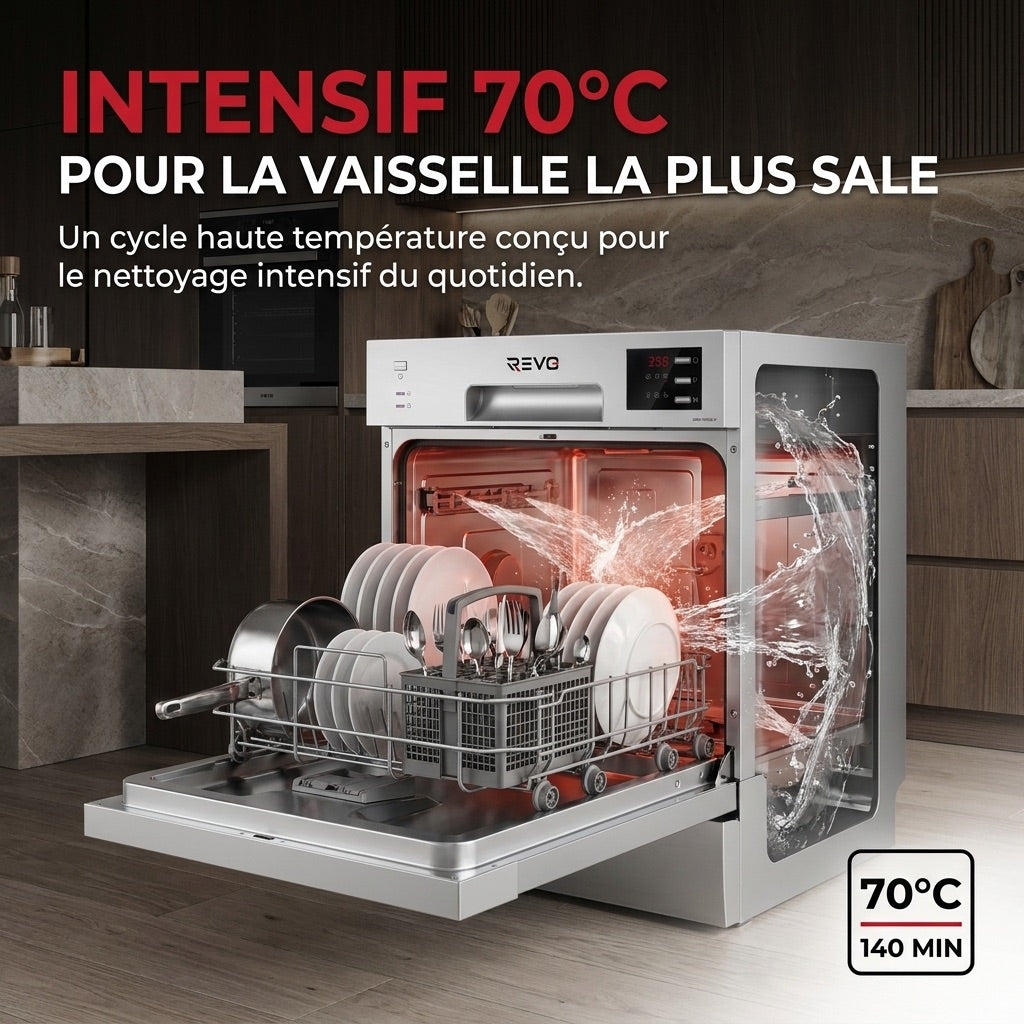 Lave-Vaisselle Compact REVO Compacta 6 – 6 Couverts – 6 Programmes – 47 dB – Cycle Rapide 30 min – Blanc
