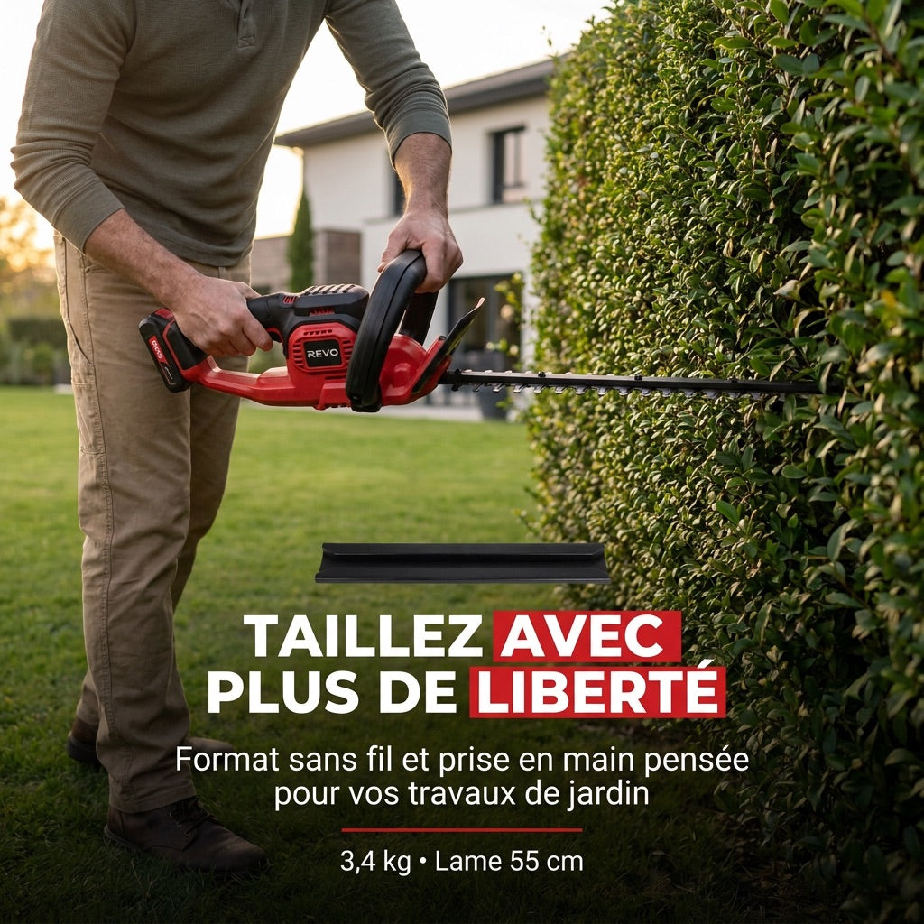 Taille-Haie Sans Fil REVO Silex 55 – 18 V – Lame 55 cm – Coupe jusqu’à 19 mm – Autonomie jusqu’à 75 min