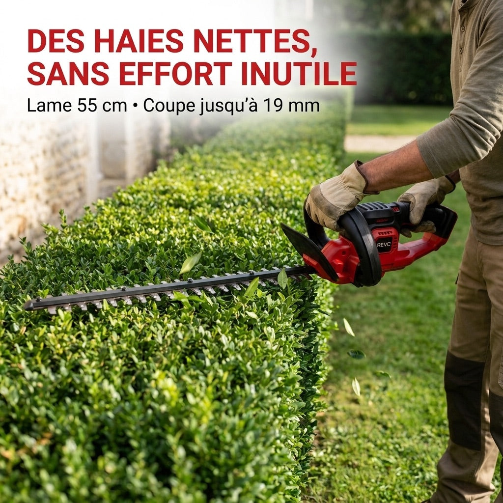 Taille-Haie Sans Fil REVO Silex 55 – 18 V – Lame 55 cm – Coupe jusqu’à 19 mm – Autonomie jusqu’à 75 min
