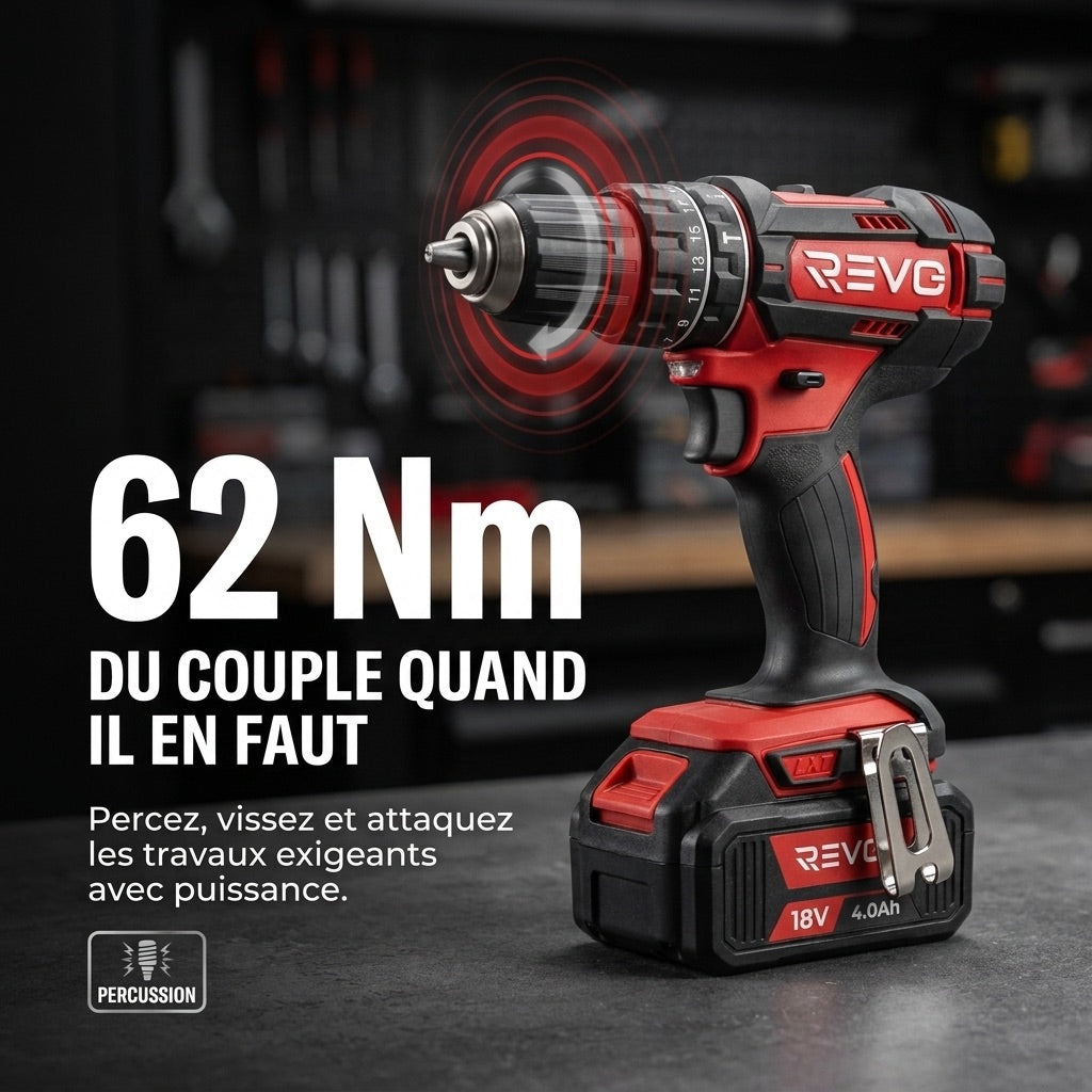Perceuse à Percussion Sans Fil REVO Torq 62 – 18 V – 62 Nm – 3 Batteries 4,0 Ah – 2 Vitesses