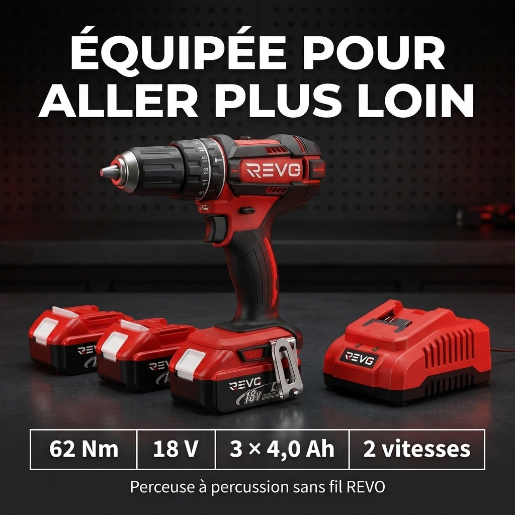 Perceuse à Percussion Sans Fil REVO Torq 62 – 18 V – 62 Nm – 3 Batteries 4,0 Ah – 2 Vitesses
