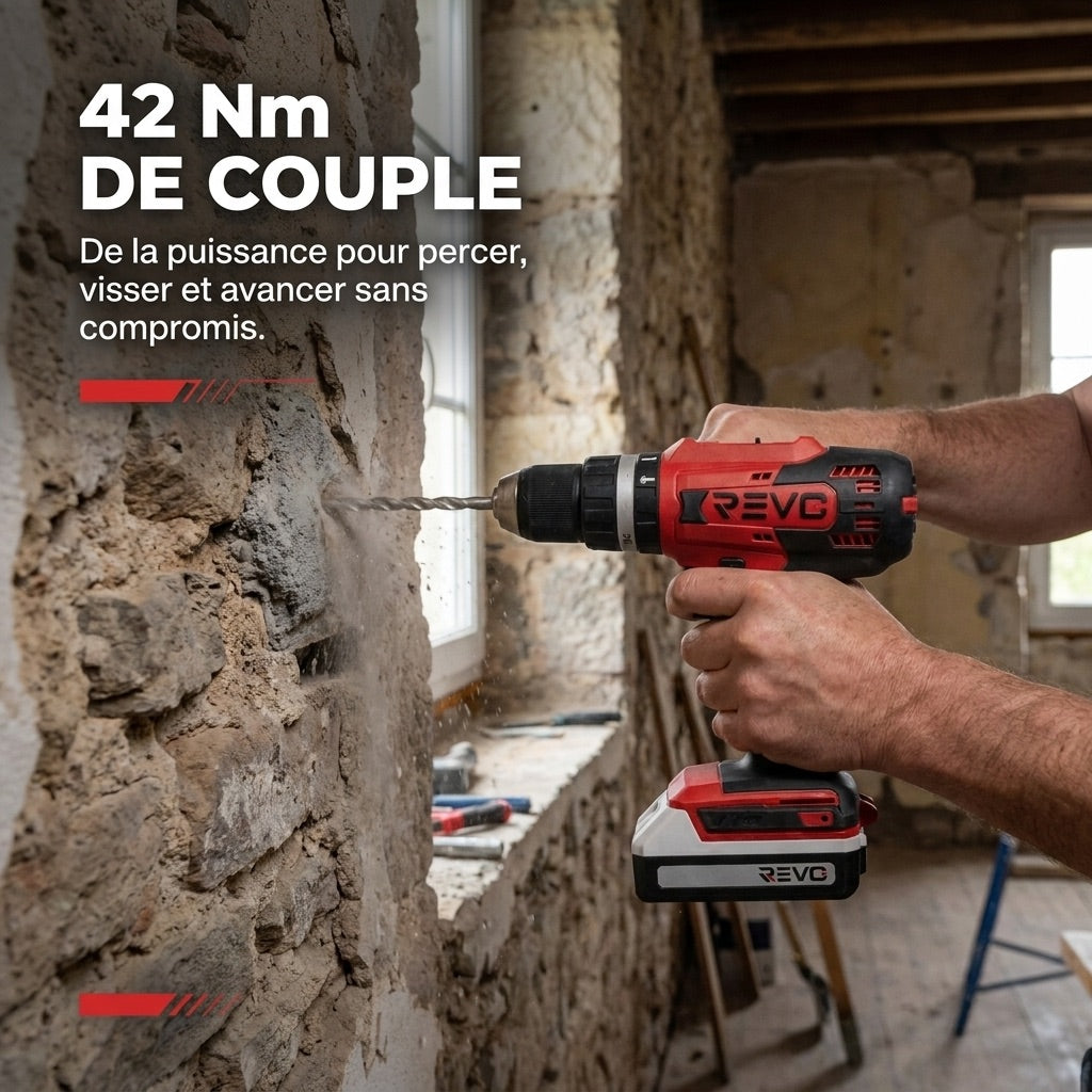 Perceuse Visseuse à Percussion Sans Fil REVO Forge 42 – 18 V – 42 Nm – 2 Batteries 2 Ah – 74 Accessoires – Mandrin 13 mm