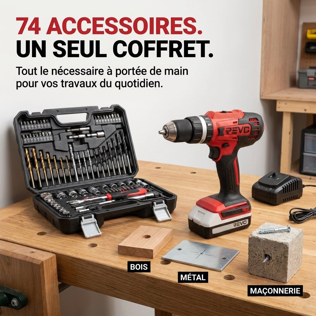 Perceuse Visseuse à Percussion Sans Fil REVO Forge 42 – 18 V – 42 Nm – 2 Batteries 2 Ah – 74 Accessoires – Mandrin 13 mm