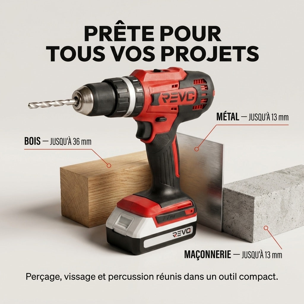 Perceuse Visseuse à Percussion Sans Fil REVO Forge 42 – 18 V – 42 Nm – 2 Batteries 2 Ah – 74 Accessoires – Mandrin 13 mm