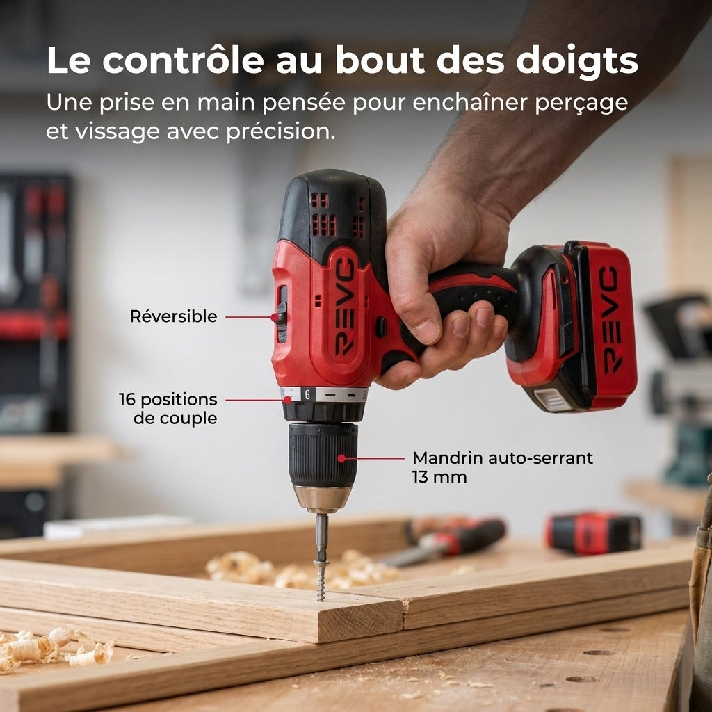 Perceuse-Visseuse Sans Fil REVO Voltis 42 – 18 V – 42 Nm – 2 Batteries 3 Ah – 2 Vitesses – Mandrin 13 mm – Coffret Inclus