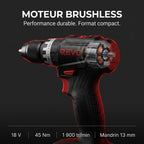 Perceuse-Visseuse à Percussion Sans Fil REVO Core 45 – 18 V – 45 Nm – Brushless – 2 Batteries 3,0 Ah – Mandrin 13 mm – Coffret Inclus