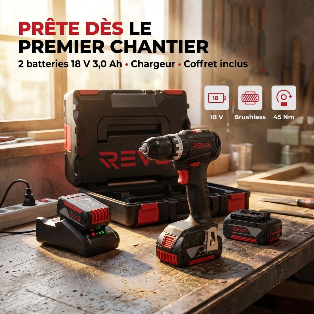 Perceuse-Visseuse à Percussion Sans Fil REVO Core 45 – 18 V – 45 Nm – Brushless – 2 Batteries 3,0 Ah – Mandrin 13 mm – Coffret Inclus