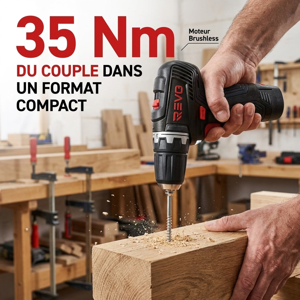 Perceuse-Visseuse Sans Fil REVO Pivot 35 – 12 V – 35 Nm – Brushless – 4 Accessoires Interchangeables – Mandrin 10 mm – Coffret Inclus