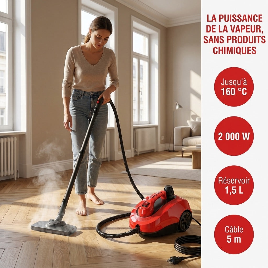 Nettoyeur Vapeur REVO Vaporis 2000 – 2 000 W – Vapeur jusqu’à 160 °C – 26 Accessoires – Débit Réglable – Câble 5 m