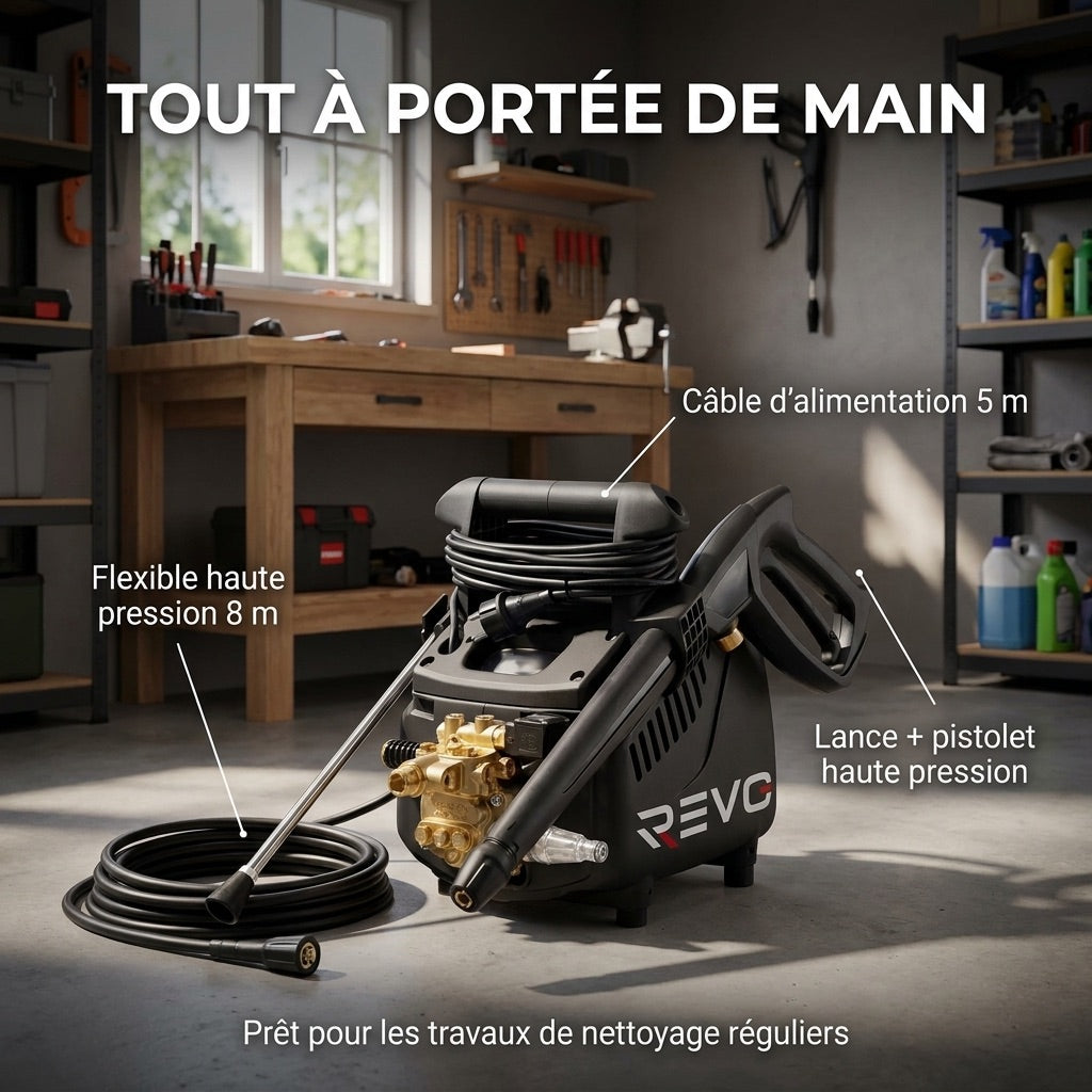 Nettoyeur Haute Pression REVO Atlas 130 – 2 200 W – 130 Bar – 450 L/h – Pompe Laiton – Flexible 8 m