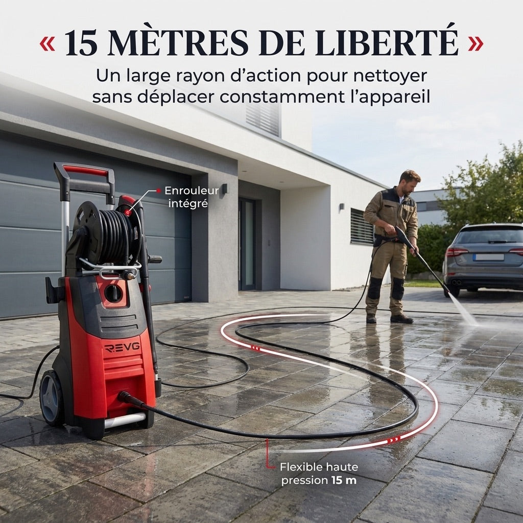 Nettoyeur Haute Pression REVO Forge 200 – 3 300 W – 200 Bar – 650 L/h – Flexible 15 m avec Enrouleur