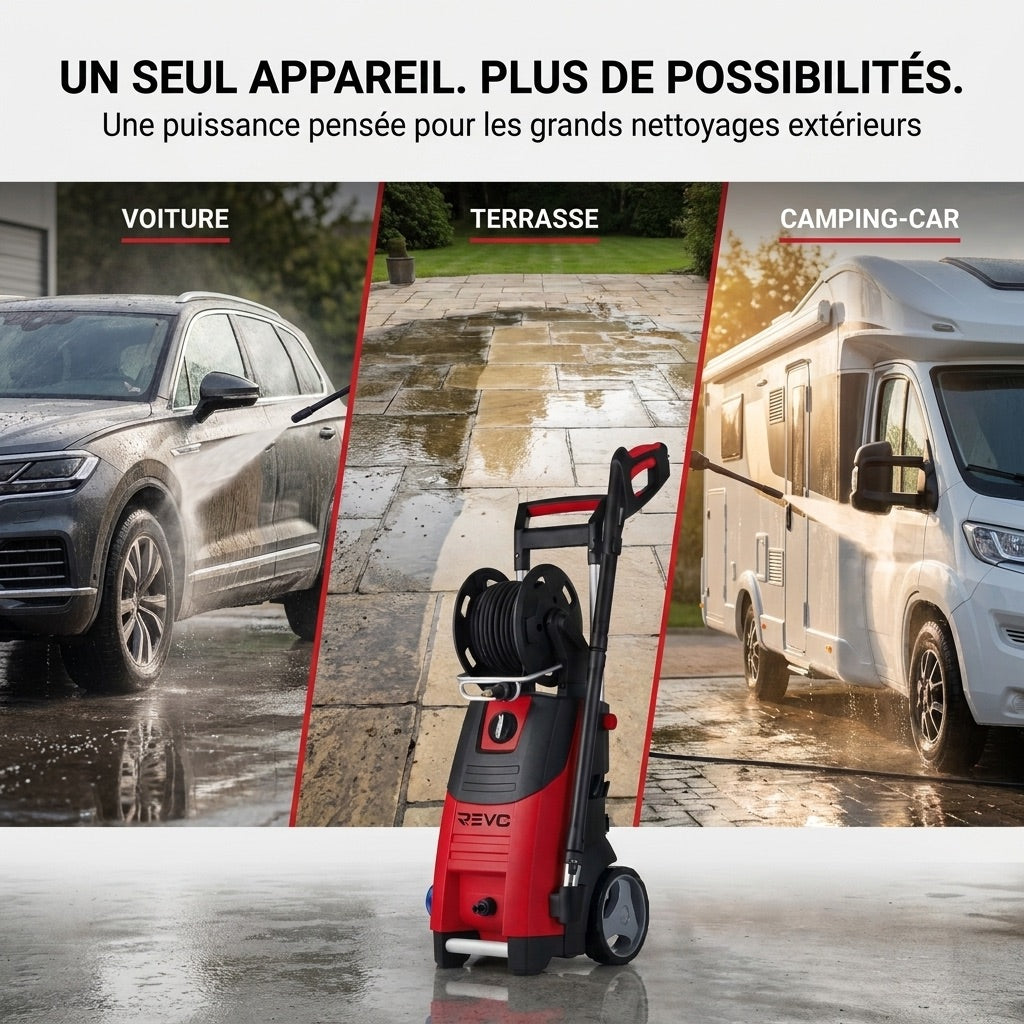 Nettoyeur Haute Pression REVO Forge 200 – 3 300 W – 200 Bar – 650 L/h – Flexible 15 m avec Enrouleur
