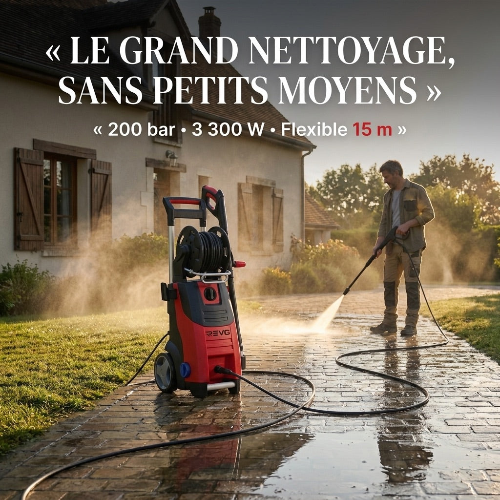Nettoyeur Haute Pression REVO Forge 200 – 3 300 W – 200 Bar – 650 L/h – Flexible 15 m avec Enrouleur