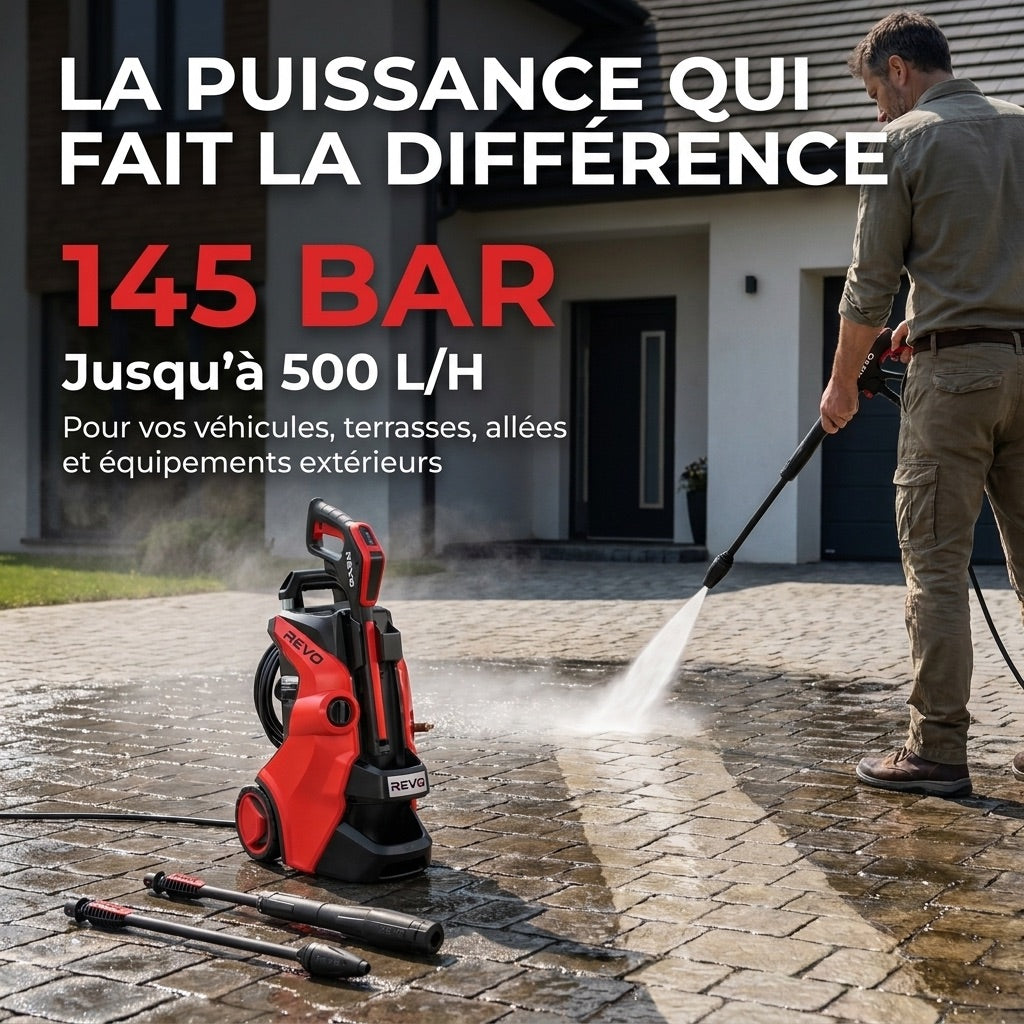Nettoyeur Haute Pression REVO Vortex 145 – 145 Bar – 500 L/h – 40 m²/h – Flexible 10 m & Contrôle de Pression