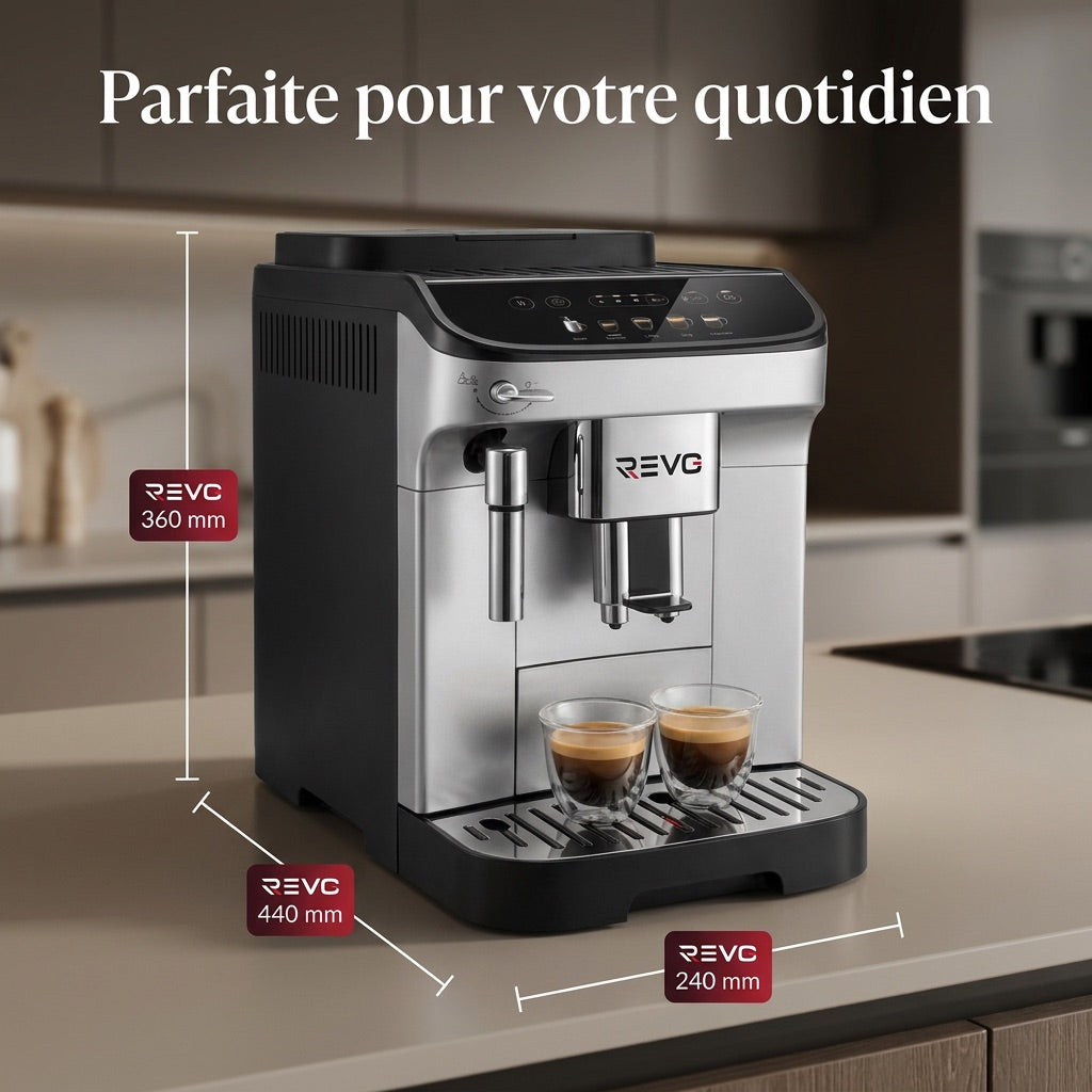 Machine à Café à Grains REVO Barista – Machine Expresso Automatique 1 450 W – 5 Boissons – Broyeur Intégré – Buse Vapeur – 1,8 L