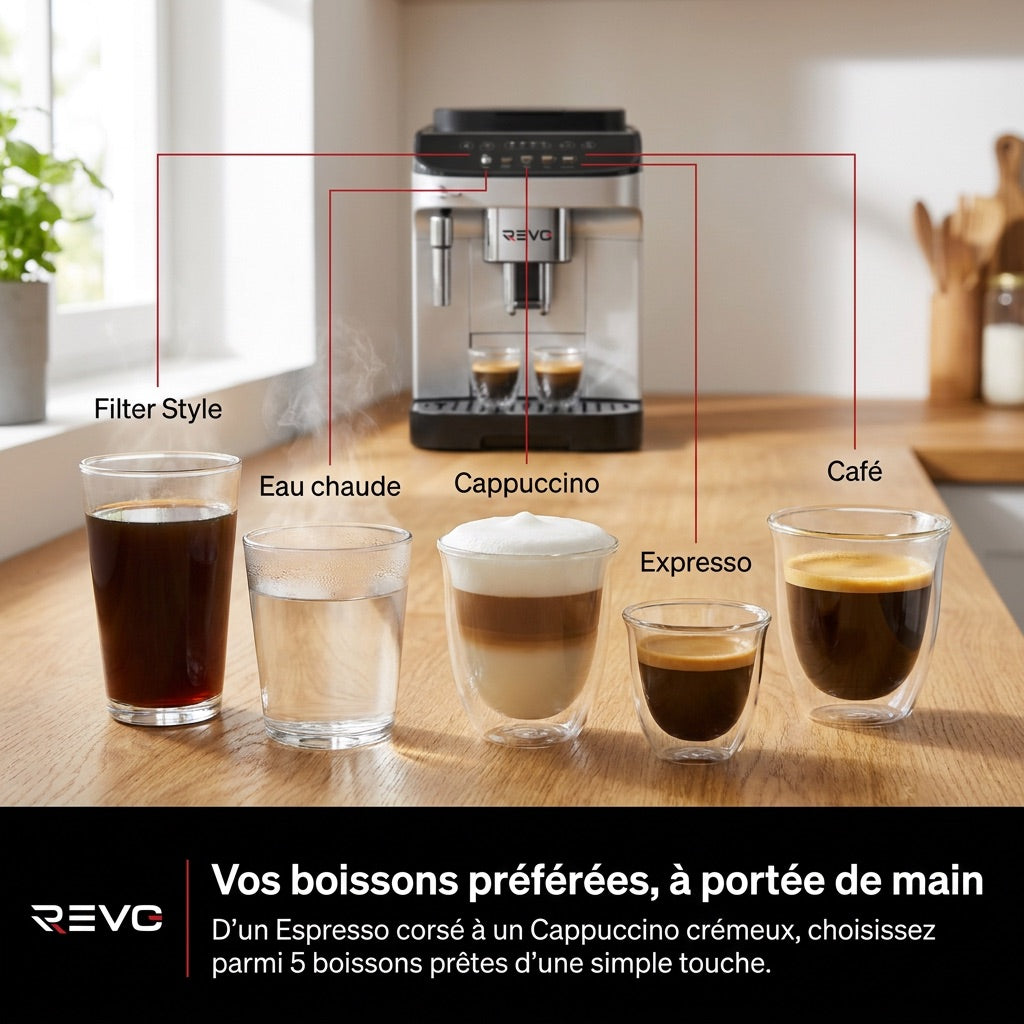 Machine à Café à Grains REVO Barista – Machine Expresso Automatique 1 450 W – 5 Boissons – Broyeur Intégré – Buse Vapeur – 1,8 L