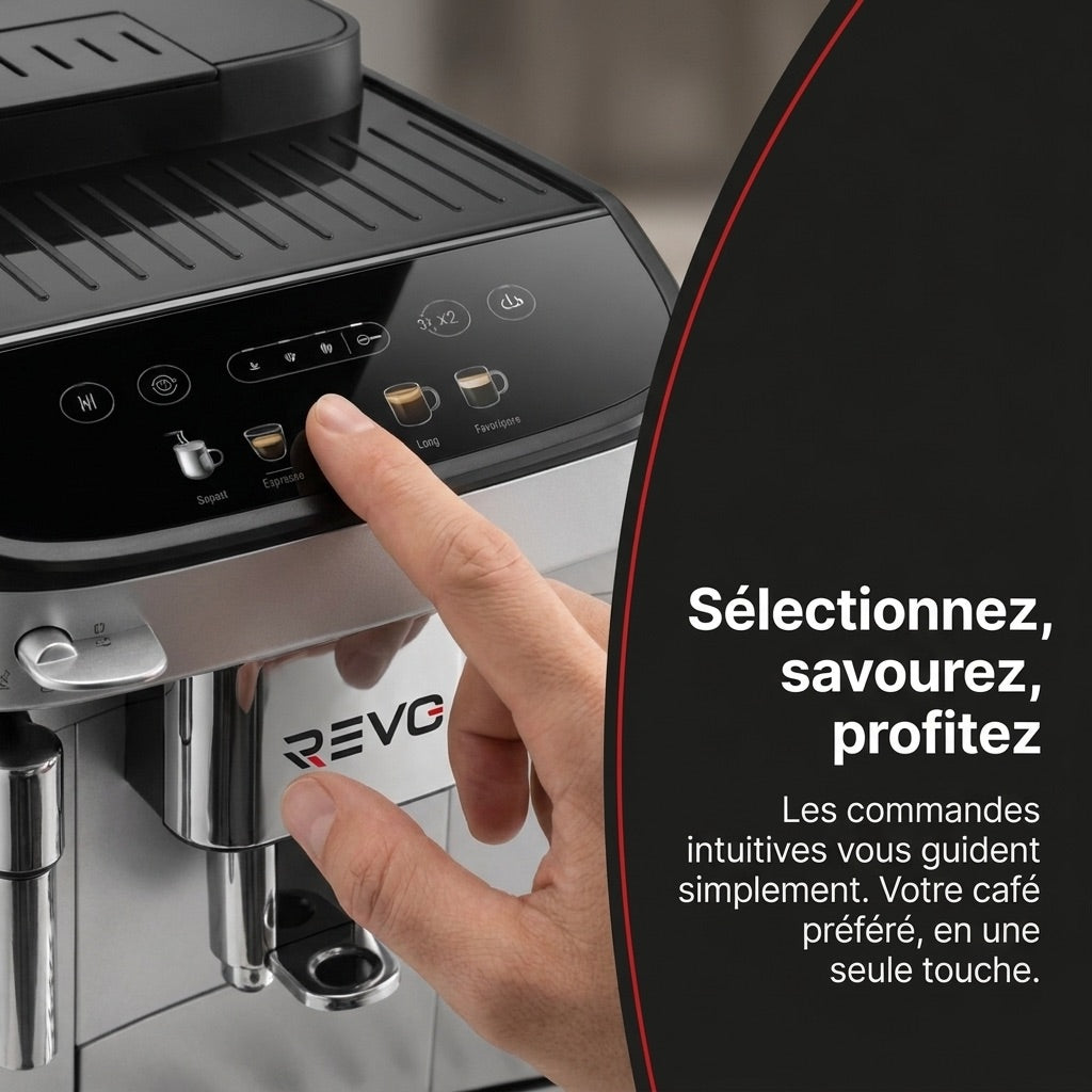 Machine à Café à Grains REVO Barista – Machine Expresso Automatique 1 450 W – 5 Boissons – Broyeur Intégré – Buse Vapeur – 1,8 L
