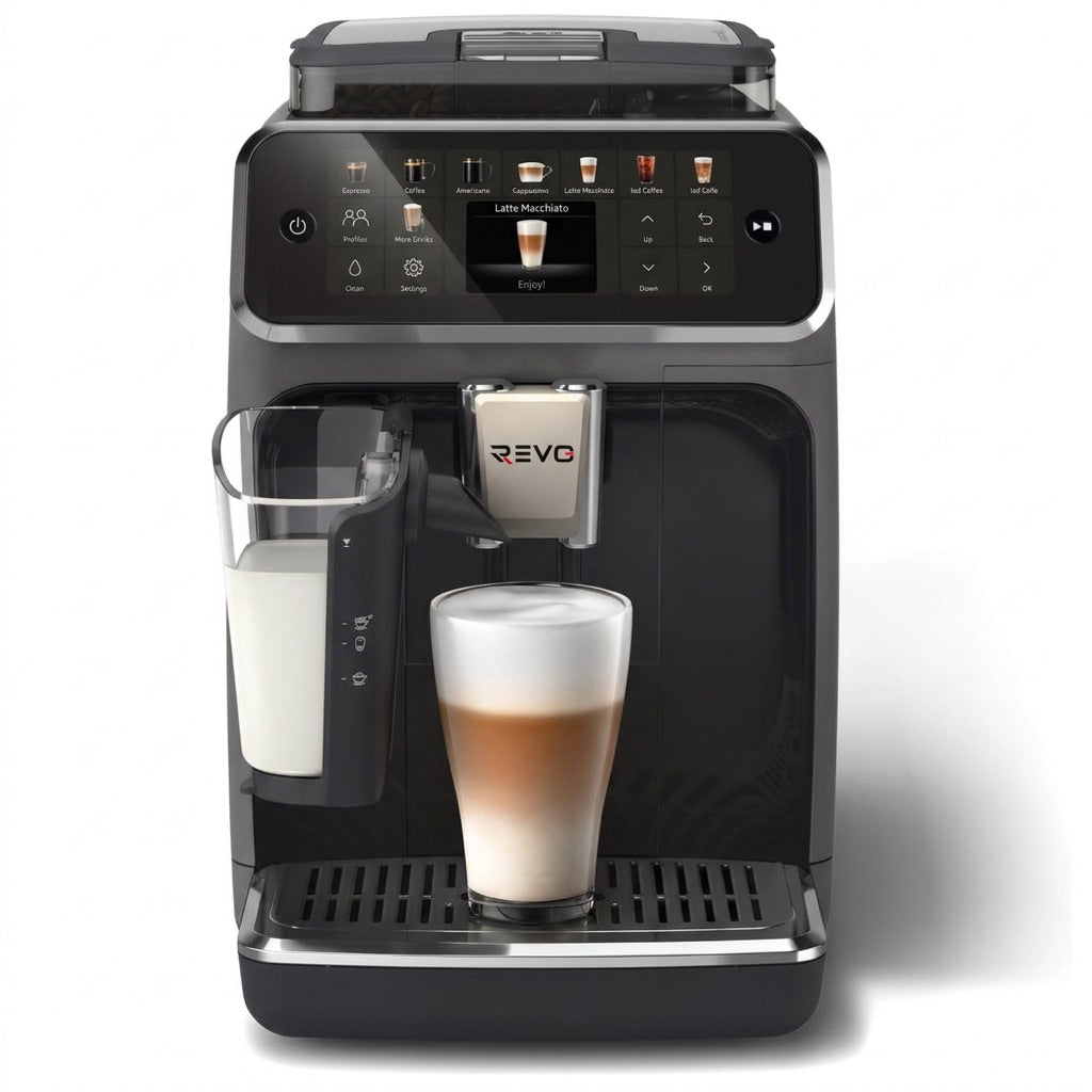 Machine à Café à Grains REVO Prestigio – Expresso Broyeur Automatique 1 500 W – 20 Boissons Chaudes & Glacées – Carafe à Lait – 4 Profils – 1,8 L