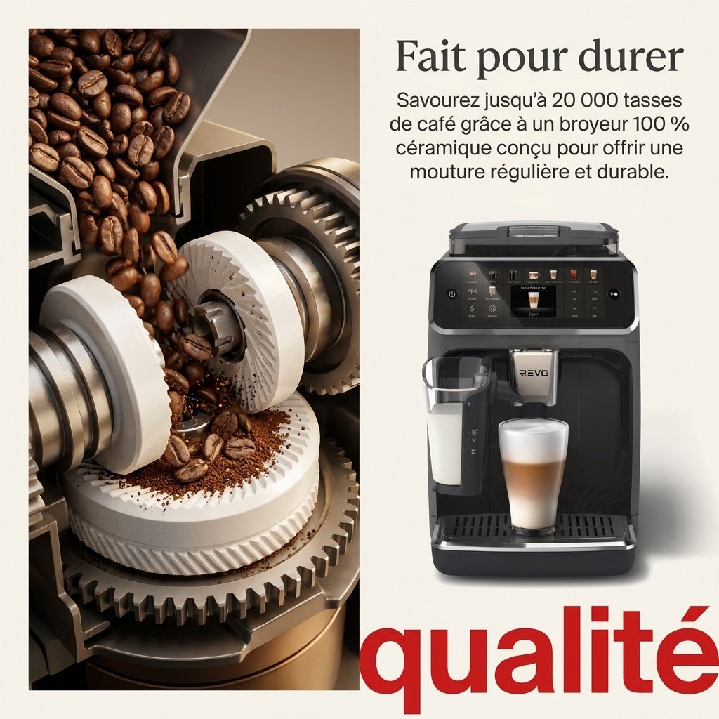 Machine à Café à Grains REVO Prestigio – Expresso Broyeur Automatique 1 500 W – 20 Boissons Chaudes & Glacées – Carafe à Lait – 4 Profils – 1,8 L