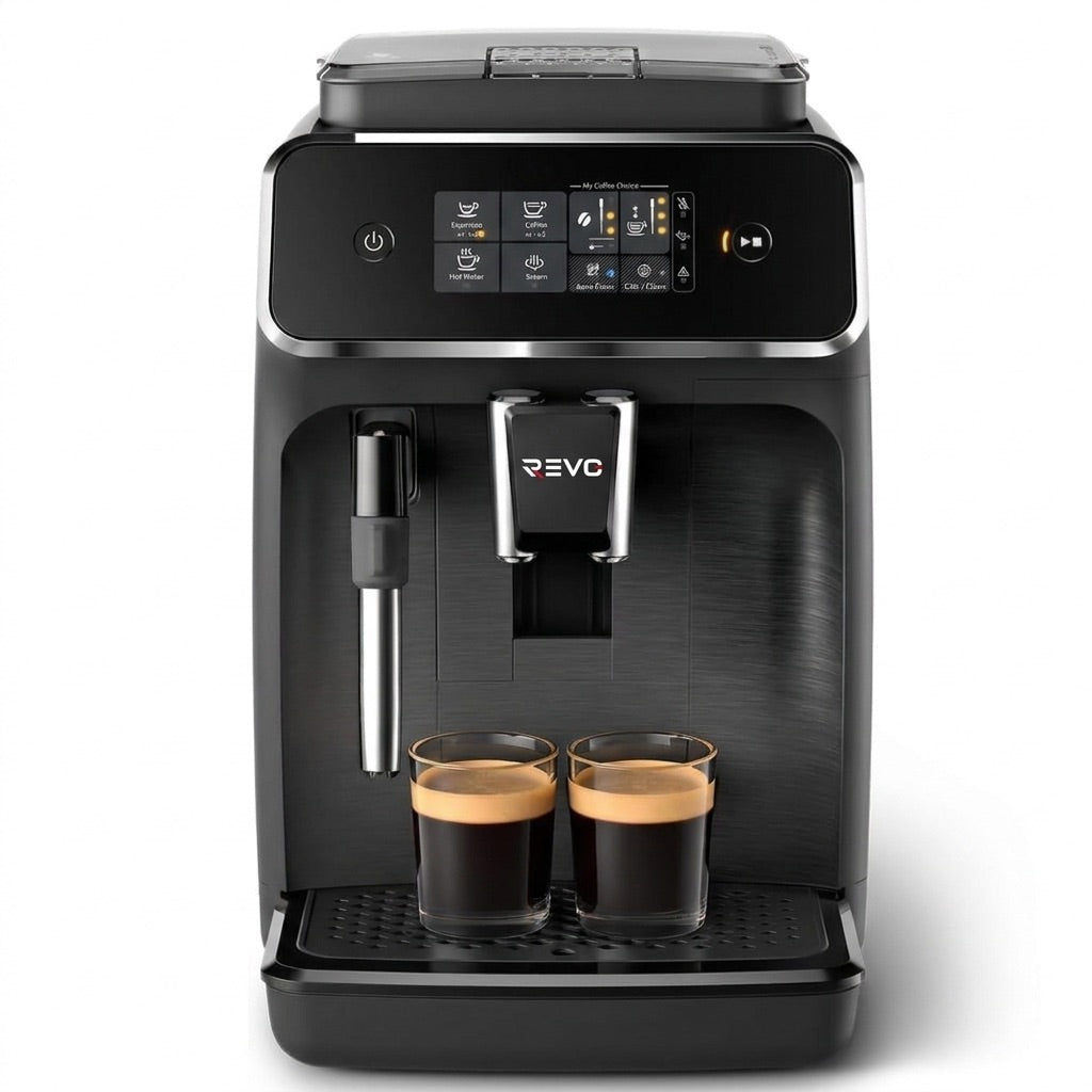 Machine à Café à Grains REVO Crema – Expresso Broyeur Automatique 1 500 W – 2 Cafés – Écran Tactile – Mousseur à Lait – 1,8 L