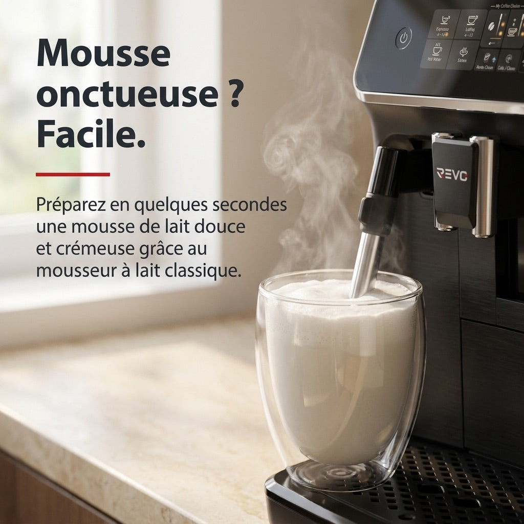 Machine à Café à Grains REVO Crema – Expresso Broyeur Automatique 1 500 W – 2 Cafés – Écran Tactile – Mousseur à Lait – 1,8 L