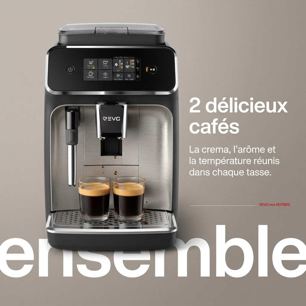 Machine à Café à Grains REVO Crema – Expresso Broyeur Automatique 1 500 W – 2 Cafés – Écran Tactile – Mousseur à Lait – 1,8 L