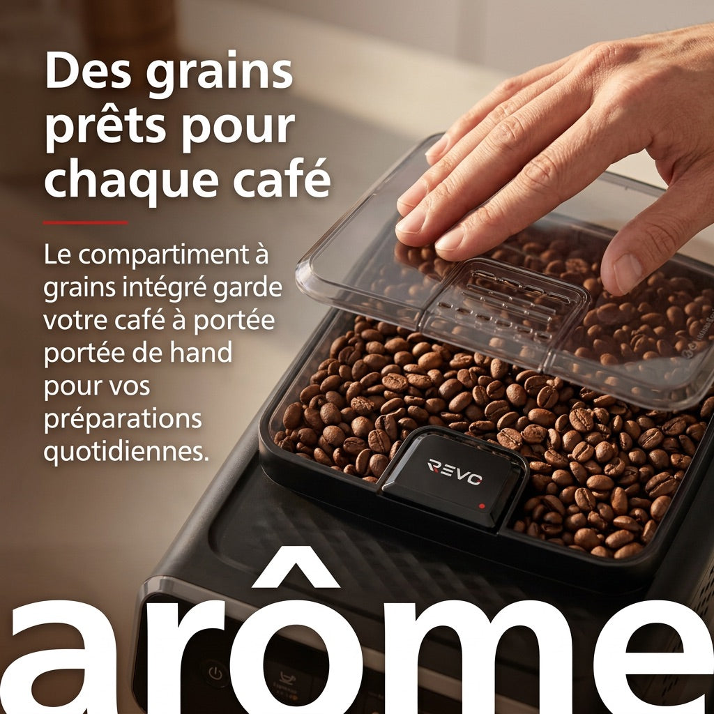 Machine à Café à Grains REVO Crema – Expresso Broyeur Automatique 1 500 W – 2 Cafés – Écran Tactile – Mousseur à Lait – 1,8 L