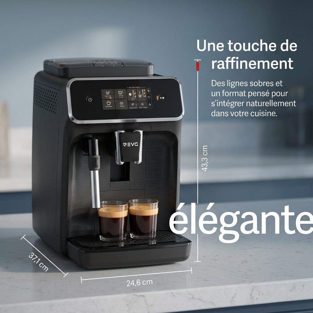 Machine à Café à Grains REVO Crema – Expresso Broyeur Automatique 1 500 W – 2 Cafés – Écran Tactile – Mousseur à Lait – 1,8 L