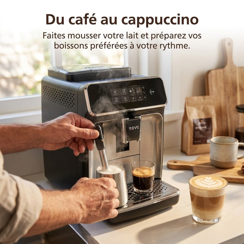 Machine à Café à Grains REVO Crema – Expresso Broyeur Automatique 1 500 W – 2 Cafés – Écran Tactile – Mousseur à Lait – 1,8 L