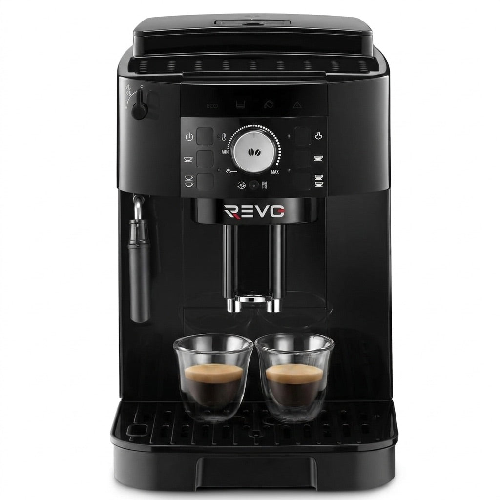 Machine à Café à Grains REVO Essenza – Expresso Broyeur Automatique 1 450 W – 2 Cafés – Buse Vapeur – Broyeur 13 Réglages