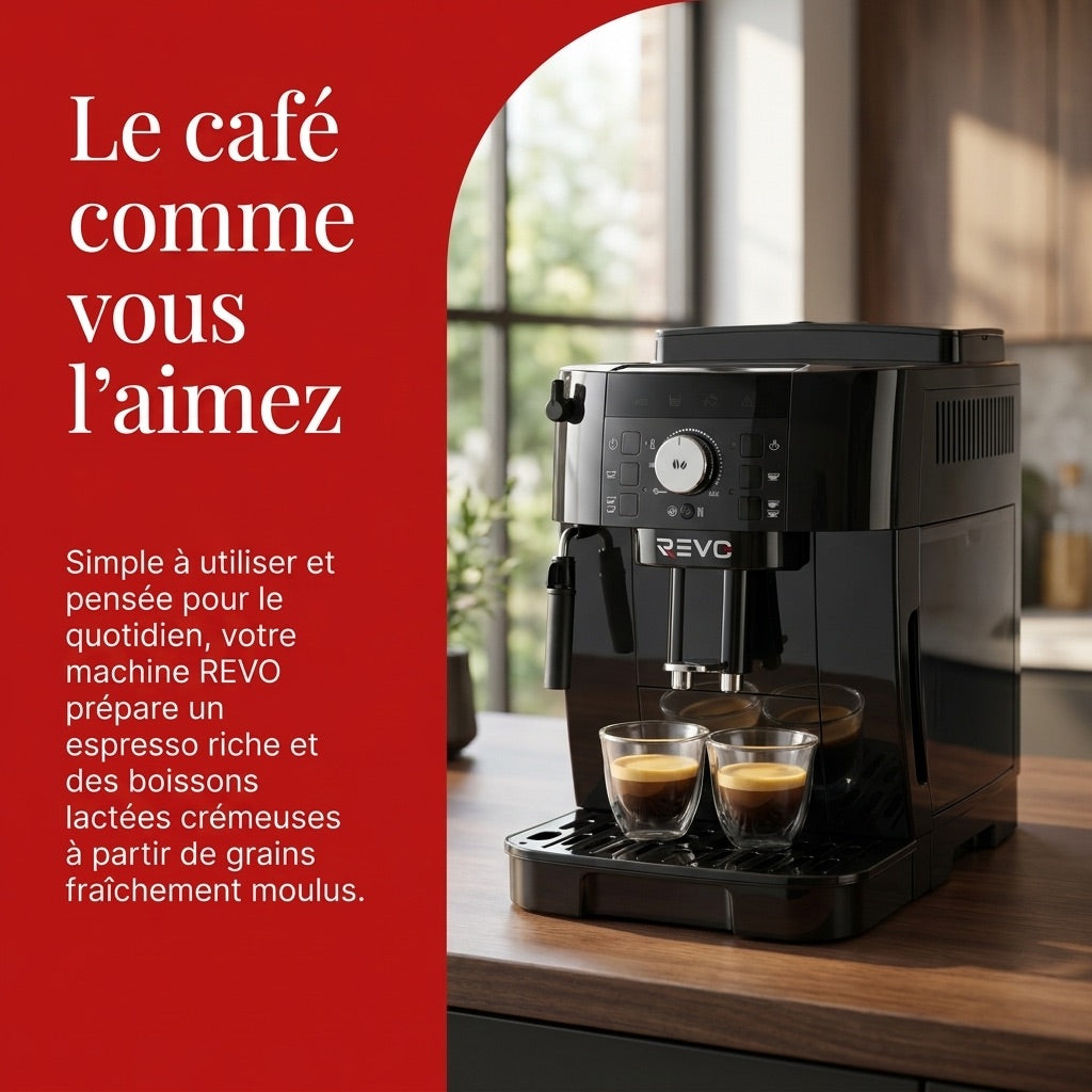 Machine à Café à Grains REVO Essenza – Expresso Broyeur Automatique 1 450 W – 2 Cafés – Buse Vapeur – Broyeur 13 Réglages