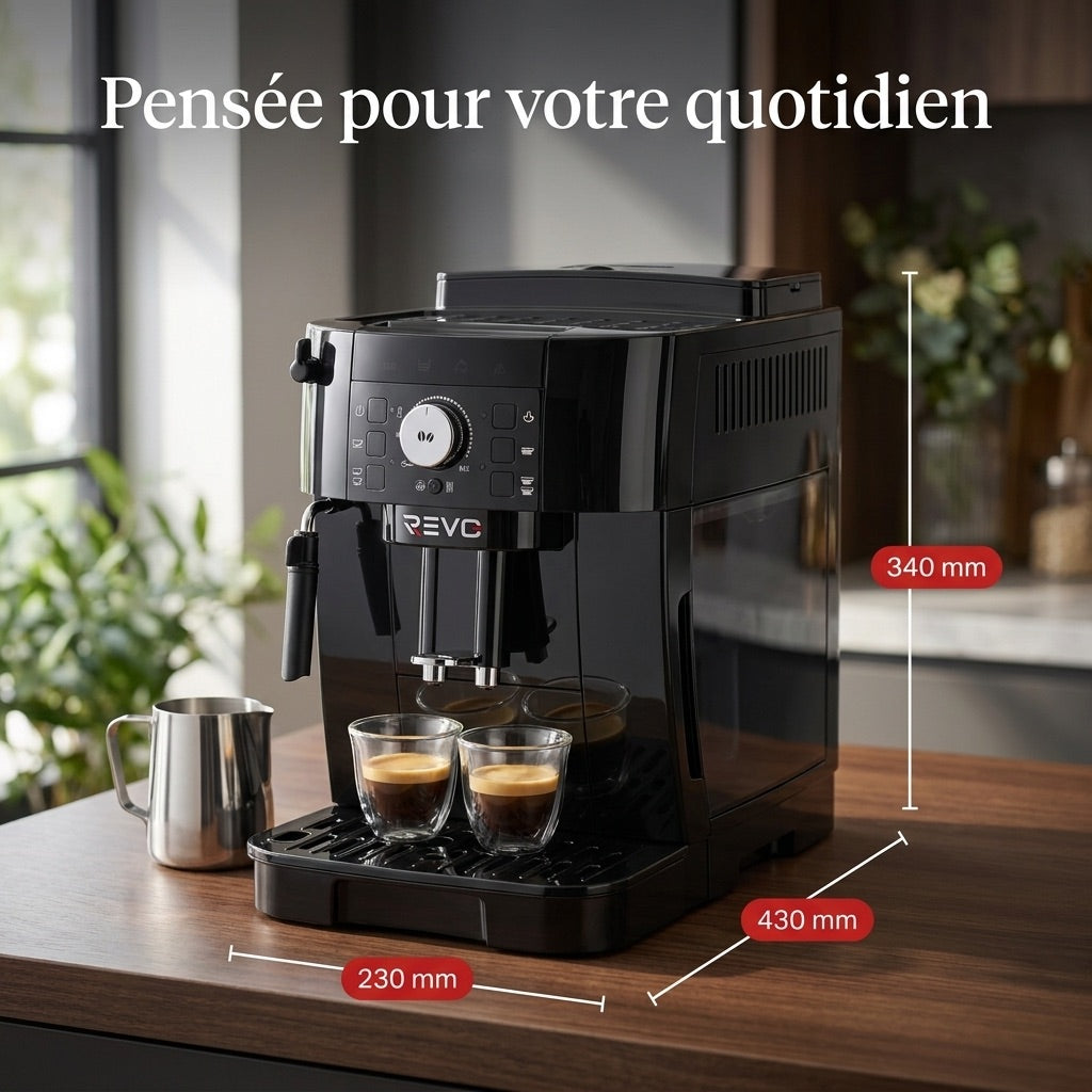 Machine à Café à Grains REVO Essenza – Expresso Broyeur Automatique 1 450 W – 2 Cafés – Buse Vapeur – Broyeur 13 Réglages