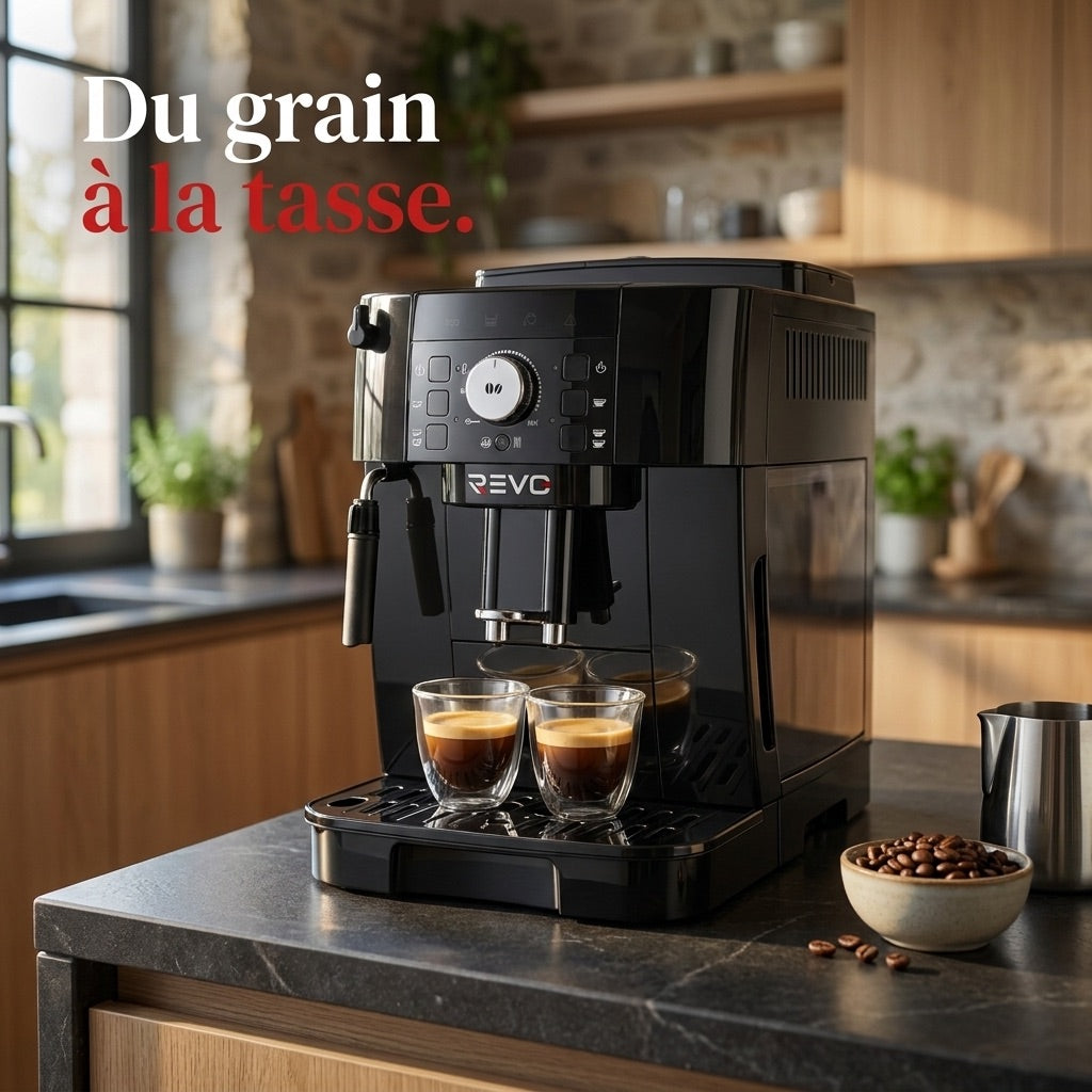 Machine à Café à Grains REVO Essenza – Expresso Broyeur Automatique 1 450 W – 2 Cafés – Buse Vapeur – Broyeur 13 Réglages