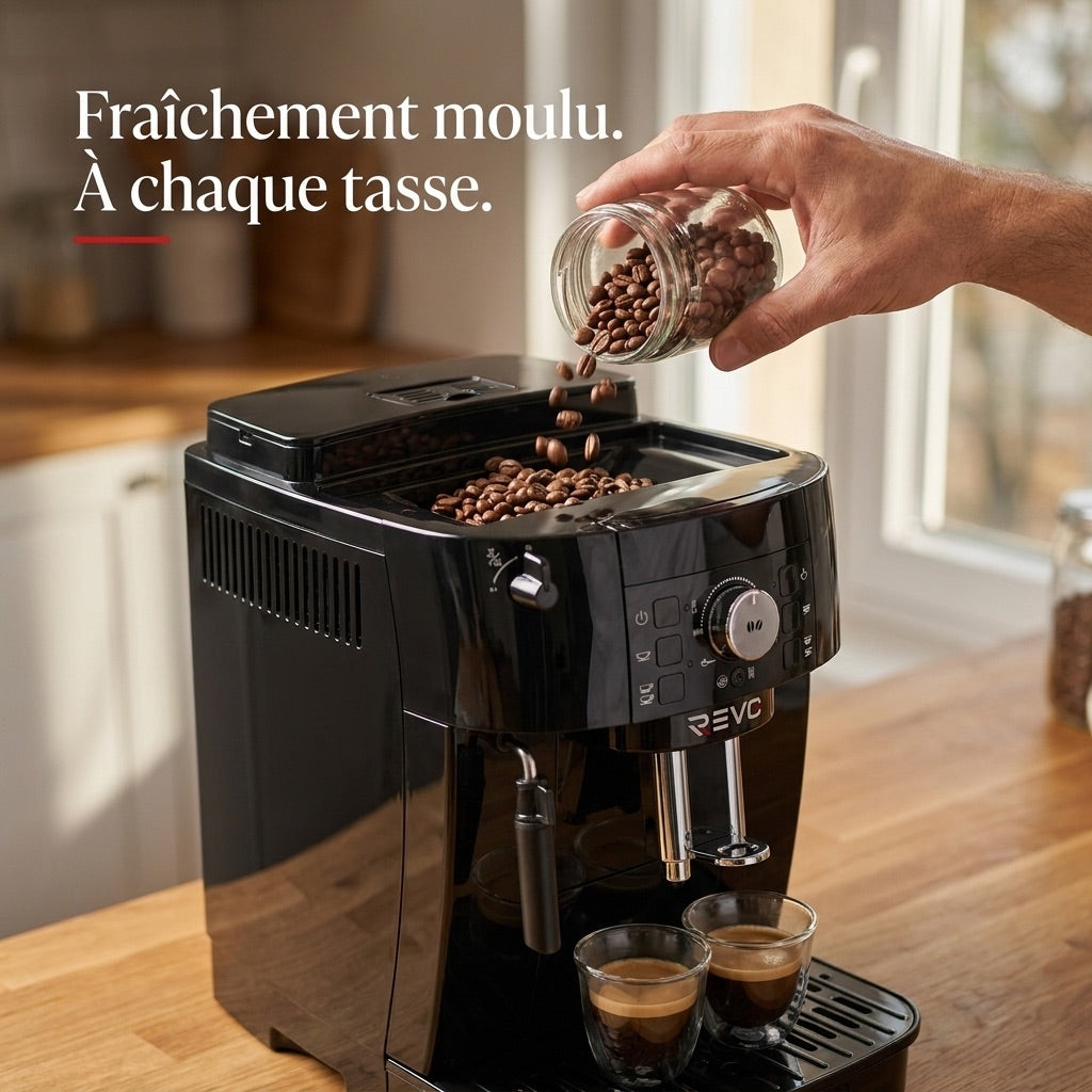 Machine à Café à Grains REVO Essenza – Expresso Broyeur Automatique 1 450 W – 2 Cafés – Buse Vapeur – Broyeur 13 Réglages