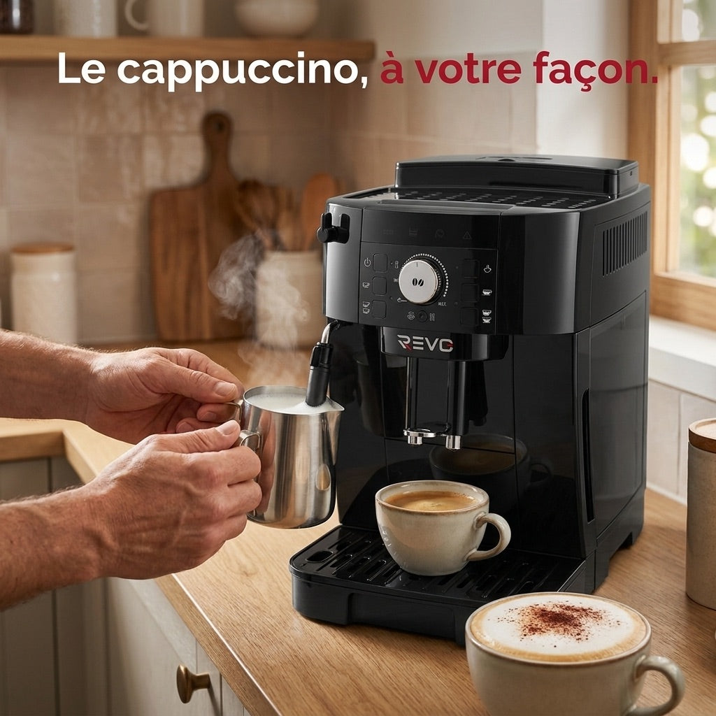 Machine à Café à Grains REVO Essenza – Expresso Broyeur Automatique 1 450 W – 2 Cafés – Buse Vapeur – Broyeur 13 Réglages