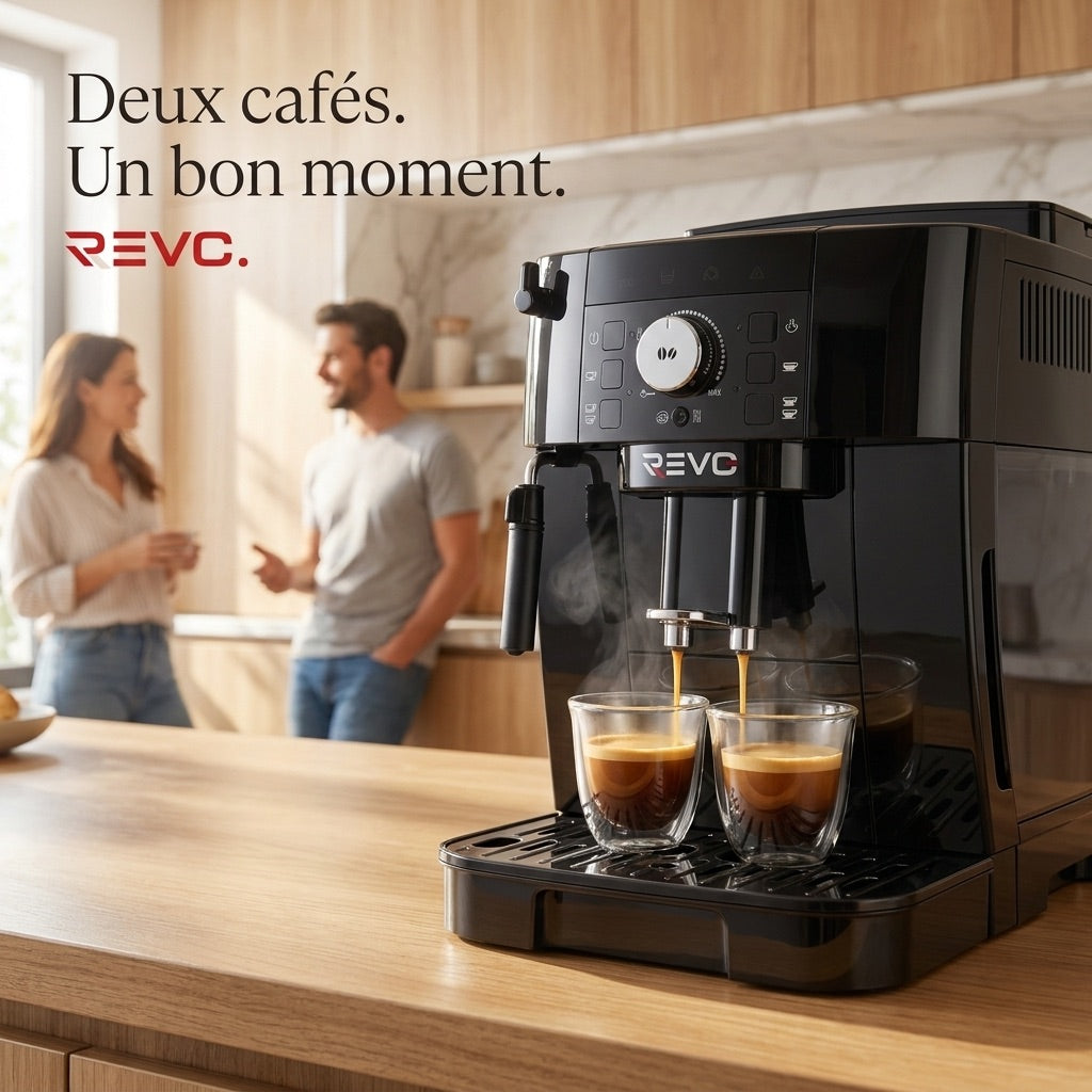 Machine à Café à Grains REVO Essenza – Expresso Broyeur Automatique 1 450 W – 2 Cafés – Buse Vapeur – Broyeur 13 Réglages