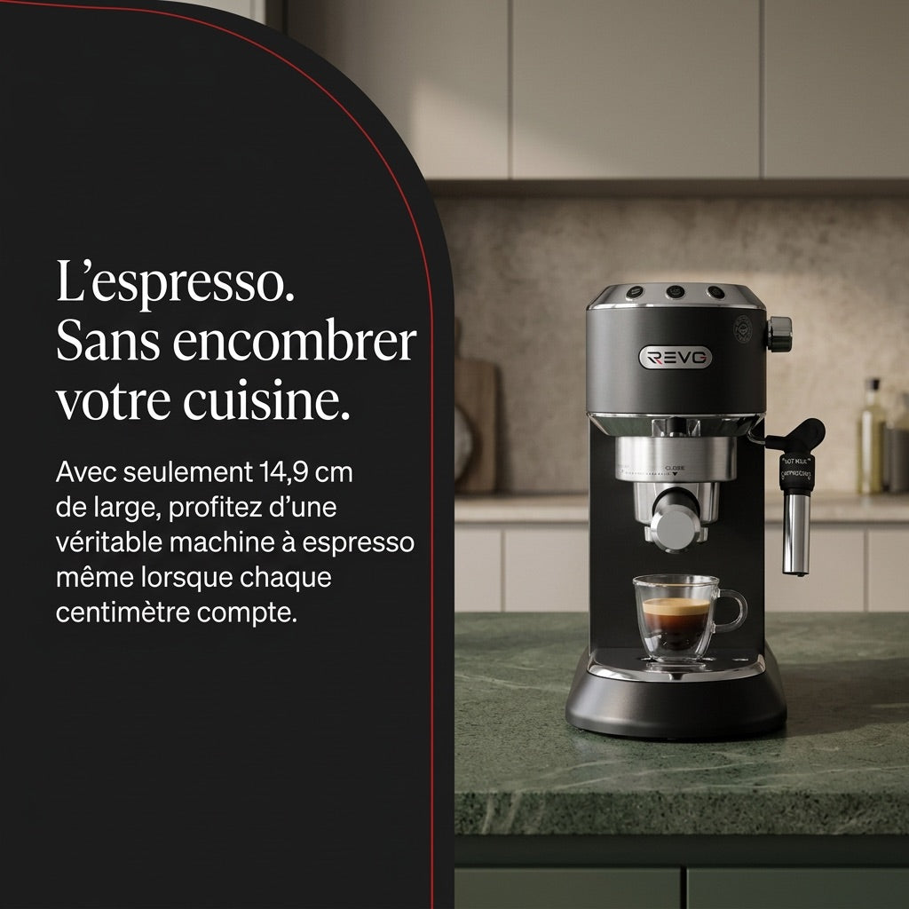 Machine à Expresso REVO Velora – 15 Bar – 1 350 W – Buse Vapeur – Café Moulu & Dosettes ESE – Réservoir 1 L