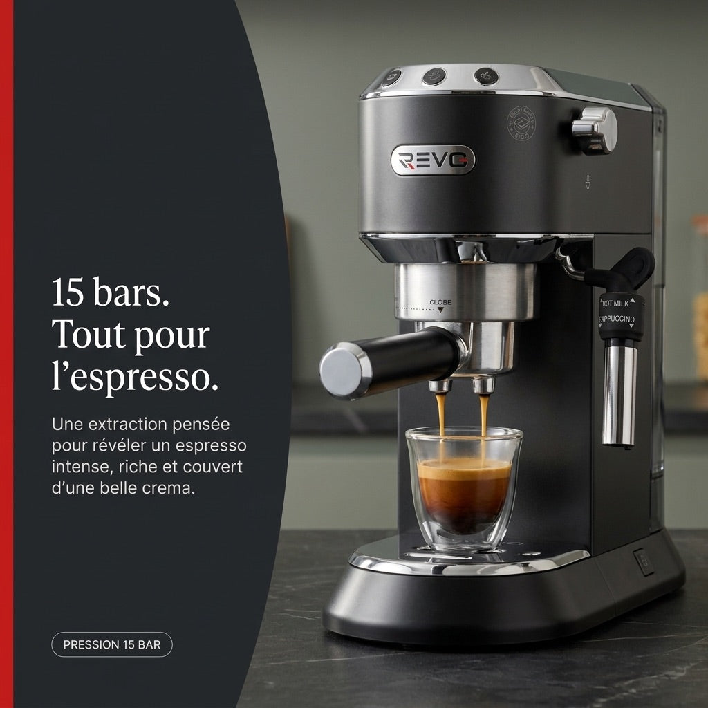 Machine à Expresso REVO Velora – 15 Bar – 1 350 W – Buse Vapeur – Café Moulu & Dosettes ESE – Réservoir 1 L