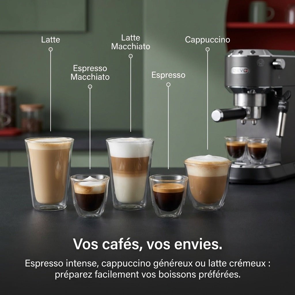 Machine à Expresso REVO Velora – 15 Bar – 1 350 W – Buse Vapeur – Café Moulu & Dosettes ESE – Réservoir 1 L