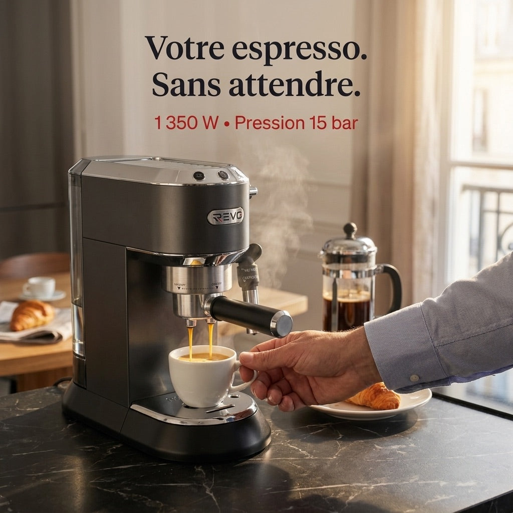 Machine à Expresso REVO Velora – 15 Bar – 1 350 W – Buse Vapeur – Café Moulu & Dosettes ESE – Réservoir 1 L