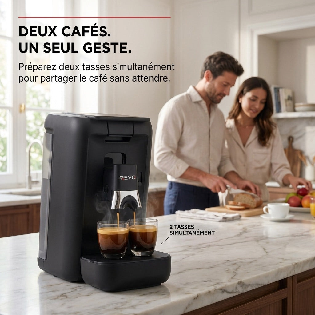 Machine à Café à Dosettes REVO Duoza – 1 450 W – 3 Styles de Café – 2 Tasses Simultanées – Réservoir 1,2 L