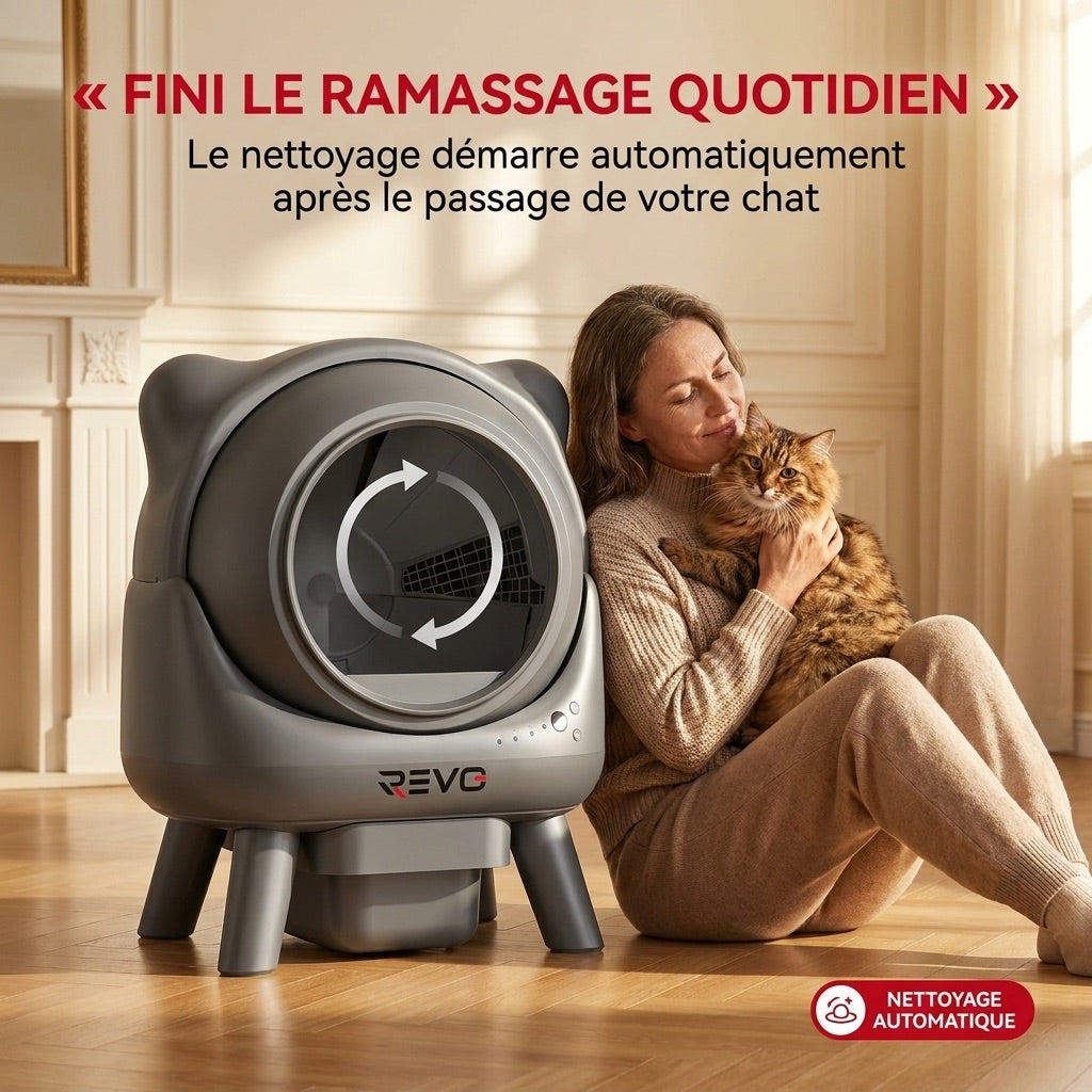 Litière Autonettoyante pour Chats REVO Nuvia 88 – Capacité 80 + 8 L – Application, Sécurité 10 Niveaux & Élimination des Odeurs