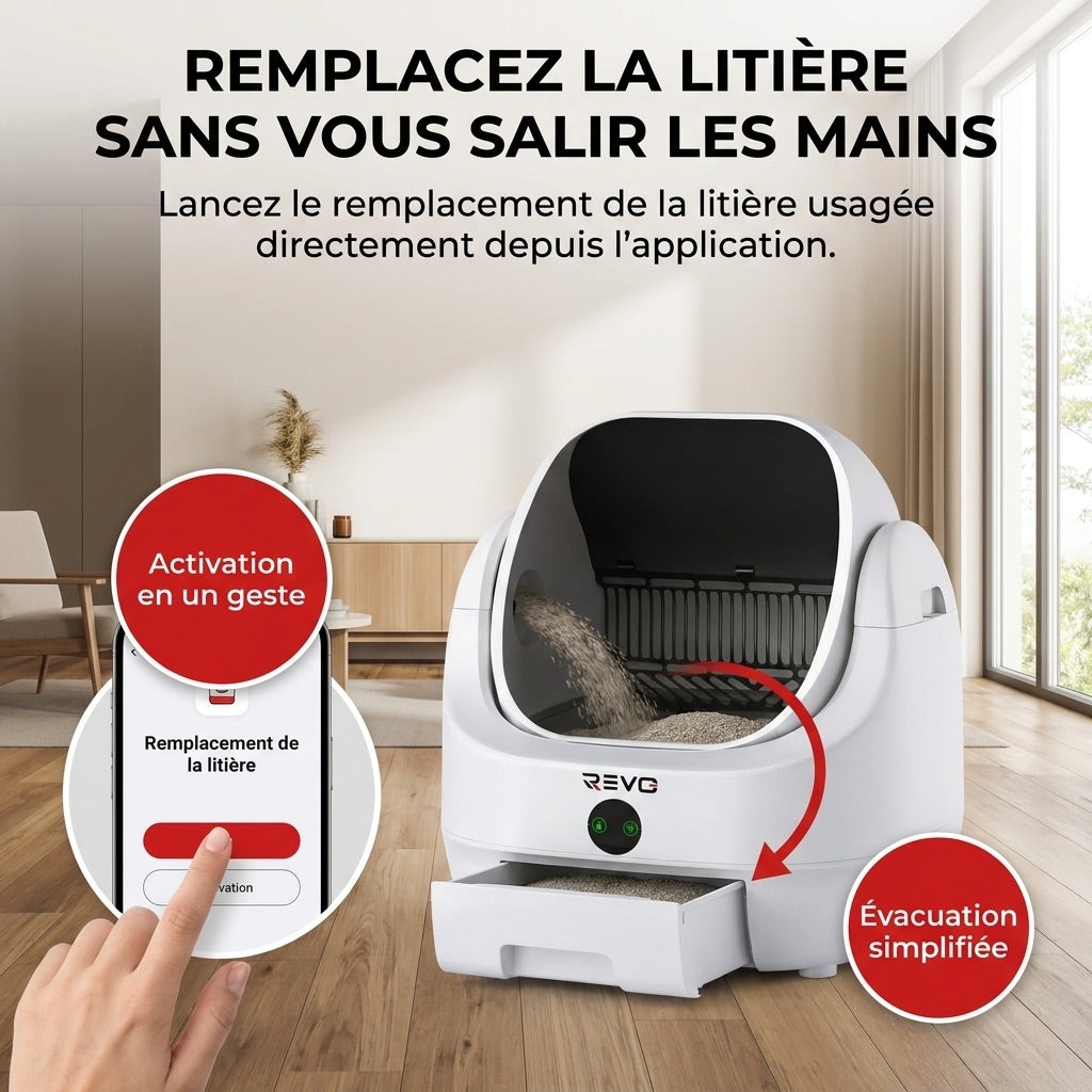 Litière Autonettoyante pour Chats REVO Alvya 9 – Conception Ouverte – Bac Hermétique 9 L – Application Wi‑Fi & Nettoyage Profond