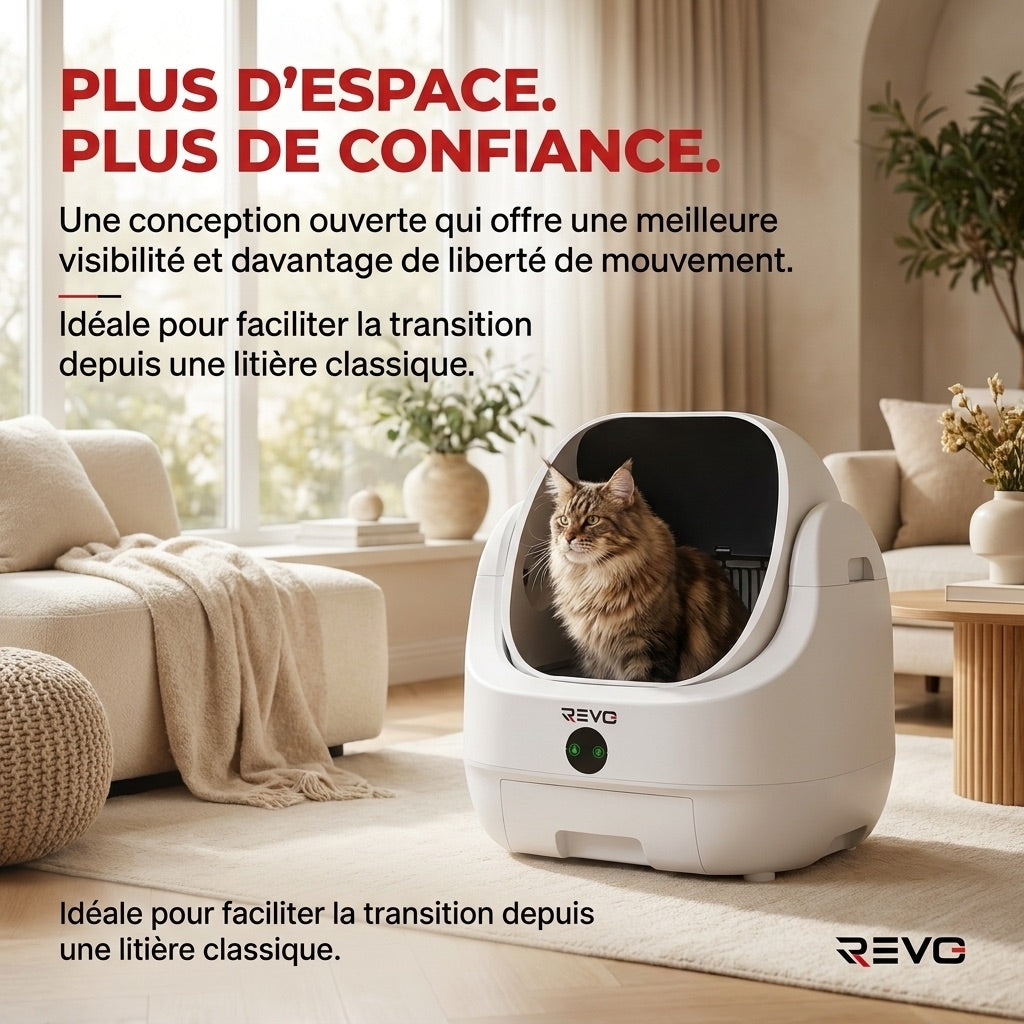 Litière Autonettoyante pour Chats REVO Alvya 9 – Conception Ouverte – Bac Hermétique 9 L – Application Wi‑Fi & Nettoyage Profond