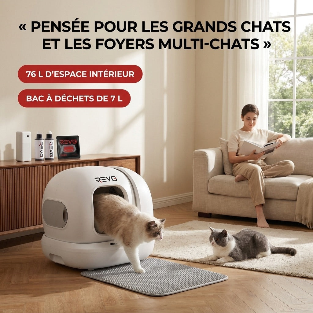 Litière Autonettoyante pour Chats REVO Elyra 76 – Capacité 76 + 7 L – Application Wi‑Fi – Triple Désodorisation – Sécurité Multicapteurs