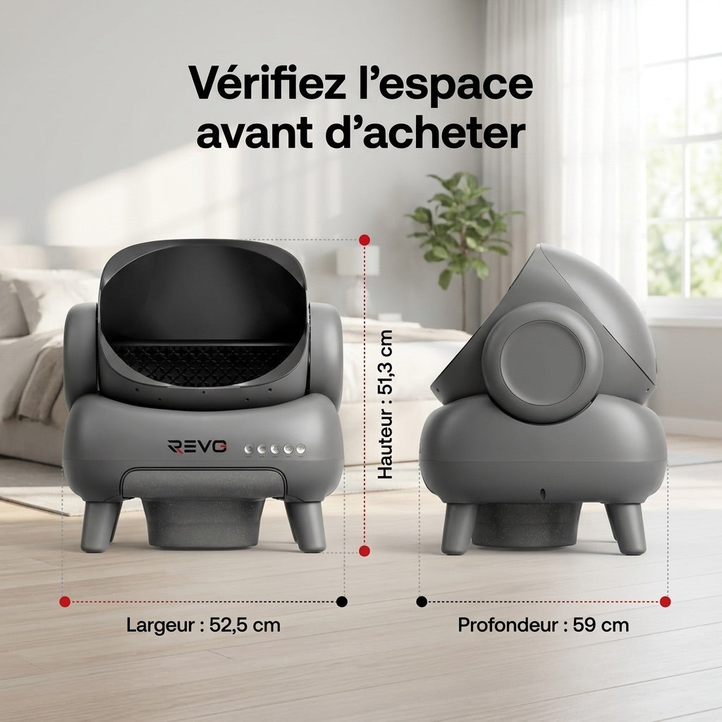 Litière Autonettoyante pour Chats REVO Serenis 14 – Conception Ouverte, Bac à Déchets 11,23 L, Application Wi‑Fi & 9 Capteurs de Sécurité
