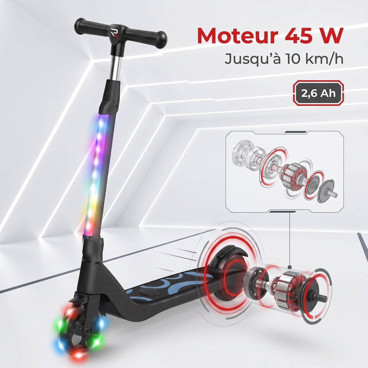 Trottinette Électrique Enfant REVO Lumio 45 – 45 W – Jusqu’à 10 km/h – Autonomie 4 km – LED Multicolores – Guidon Réglable