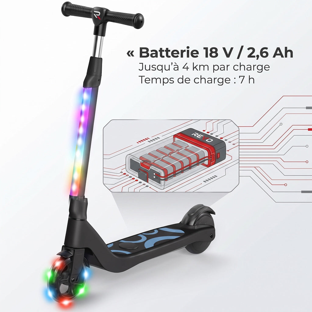 Trottinette Électrique Enfant REVO Lumio 45 – 45 W – Jusqu’à 10 km/h – Autonomie 4 km – LED Multicolores – Guidon Réglable